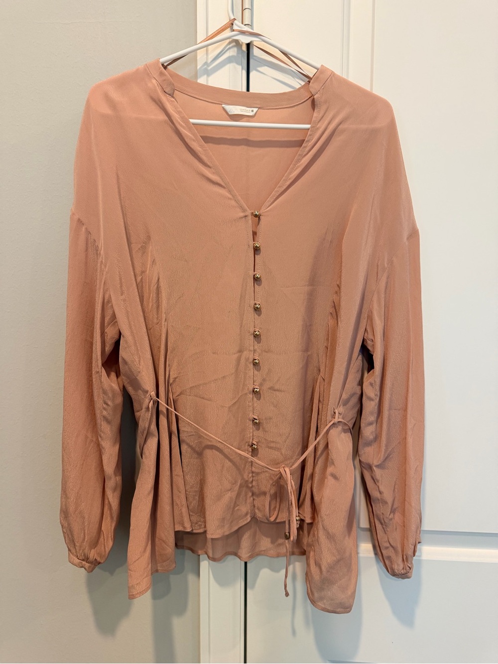 Zara Soft Rose Button-Front Women’s Blouse with Waist Tie NWOT